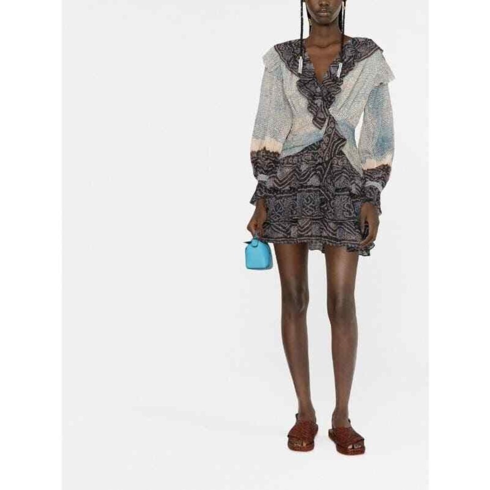 ULLA JOHNSON Sara Ruffled Mini Dress Women 2 Blue Boho Ruffle Metallic Lurex